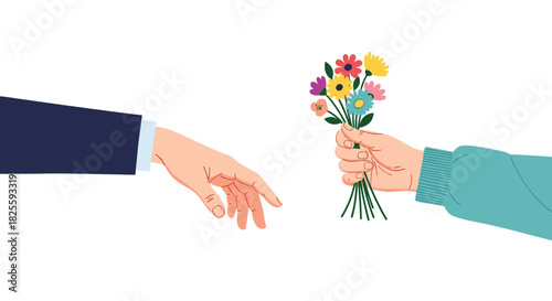 An outstretched hand reaches for a colorful bouquet of flowers offered by another hand, illustrating themes of gift-giving, care, and human connection.