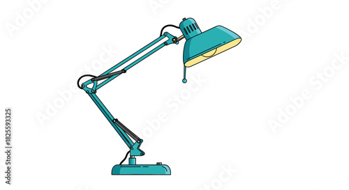 A brightly lit turquoise desk lamp, featuring an adjustable arm and a glowing bulb, stands ready for work or study.