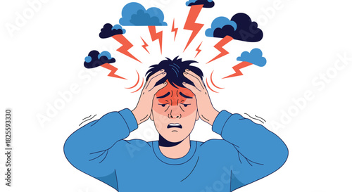 A person experiences overwhelming stress and a severe headache, clutching their head as storm clouds and lightning symbolize mental pressure.