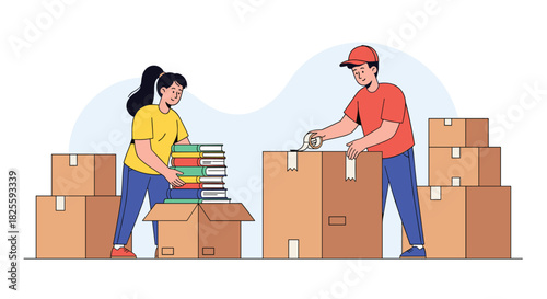 A man and a woman work together to pack and seal moving boxes, carefully organizing books and other items for relocation or storage.