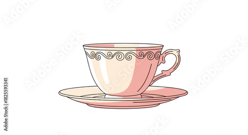 A delicate illustration of a pink teacup and matching saucer featuring elegant scrollwork, presented on a clean white background.