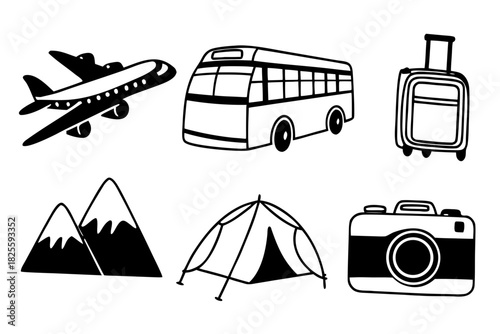 Plan your next adventure with these travel icons for a summer vacation, a fun trip to the mountains, or a camping getaway, perfect for a travel blog