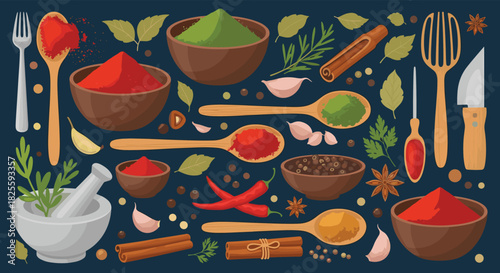 An artful composition of diverse aromatic spices, fresh herbs, and essential kitchen tools neatly arranged on a dark blue background.