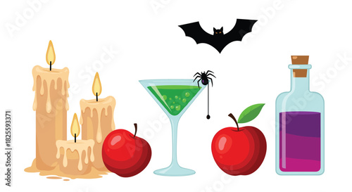 Halloween still life with burning candles, red apples, a spooky green cocktail, a bat, and a mysterious purple potion bottle.