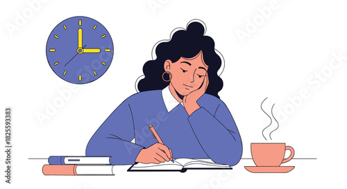 A young woman diligently writes in her notebook at a desk, surrounded by books and a warm drink, indicating focused study or creative work.