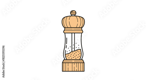 A simple, elegant illustration of a classic wooden and glass pepper grinder, partially filled with peppercorns, isolated on a white background.