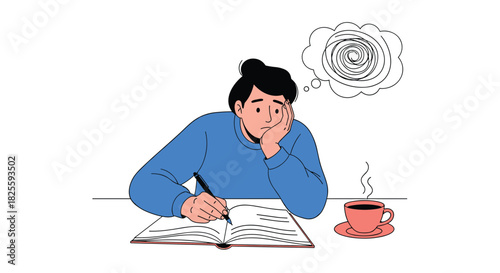 Person at a desk, feeling mentally overwhelmed and struggling with writer's block or concentration while writing, with a hot cup of coffee.