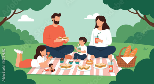 A happy family of four enjoys a delightful summer picnic outdoors in a lush green park, sharing food and drinks on a striped blanket.