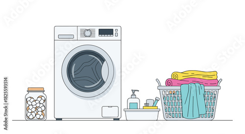 Laundry room setup with a modern washing machine, a jar of dryer balls, cleaning supplies, and a basket of fresh, colorful towels.