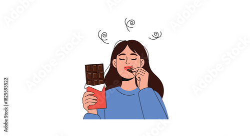 A young woman enjoys a chocolate bar, eyes closed in delight, as swirling symbols suggest a strong craving or a sugar rush effect.