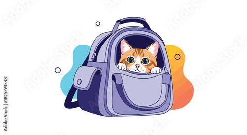 A cute ginger tabby cat is peeking out of a purple travel carrier against a white background with abstract shapes.