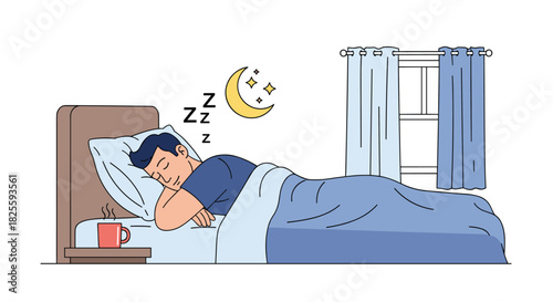 A man sleeps soundly in his bed at night, with a warm drink on the nightstand and curtains in the background, depicting relaxation.