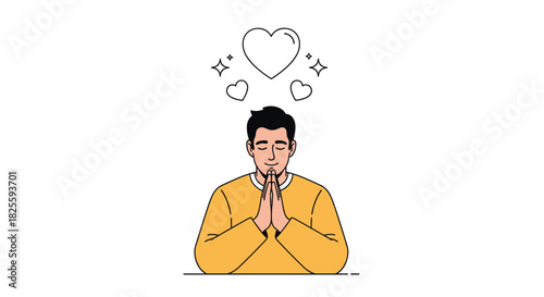 A man with closed eyes and hands clasped in a prayer or meditative pose, with hearts and sparkles, symbolizing love, peace, and gratitude.