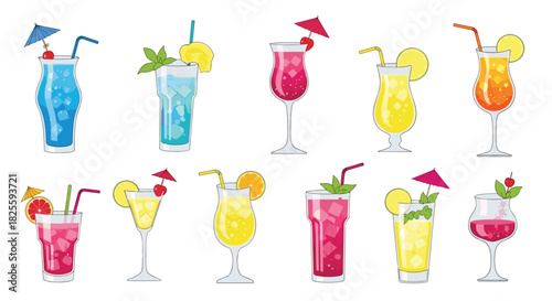Collection of vibrant summer cocktails in various glasses with ice and garnishes, perfect for a party or celebration.
