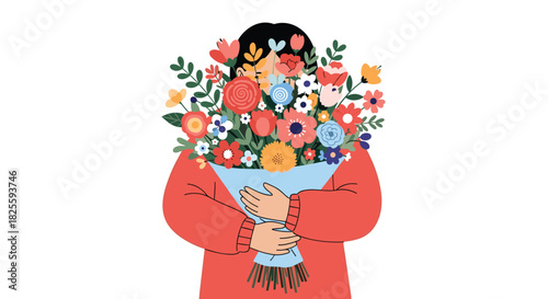 Person holding a vibrant bouquet of various colorful flowers, with their face hidden behind the abundant blooms, expressing joy or affection.