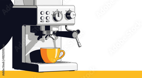 Modern espresso coffee machine in a stylized graphic illustration, with a vibrant yellow cup positioned below the portafilter, ready for brewing.