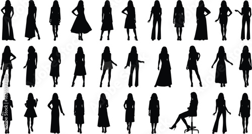 Women's fashion silhouettes set featuring diverse models in different poses wearing dresses, trousers, skirts, and stylish outfits black vector collection for design, clothing, and advertising purpose