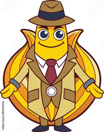 Cartoon Onion Detective Character Wearing a Fedora and Trench Coat with Arms Outstretched vector illustration