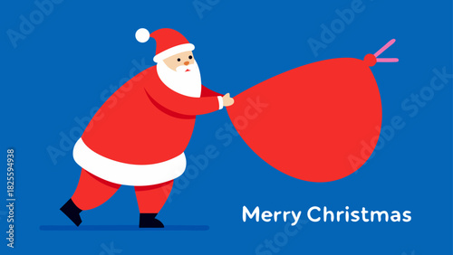 Illustration of santa claus pulling a large red sack on a blue background with merry christmas text