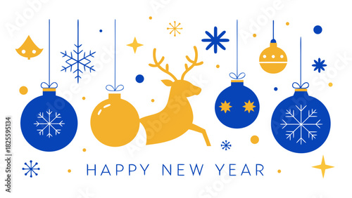 Happy new year greeting card with golden deer and blue and golden ornaments and snowflakes decoration design