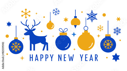 Illustration of a new year greeting card with reindeer ornaments and snowflakes in blue and yellow colors
