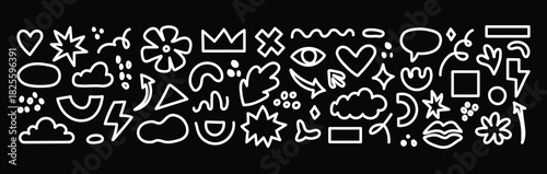 Abstract organic element set. Hand drawn sketch doodle scribble  brush geometric figure shape black background. Abstract arrow, circle, zigzag elements. Vector illustration