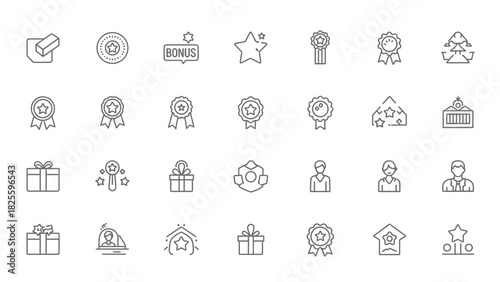 Set of thin line icons for bonus, award, gift, and people.