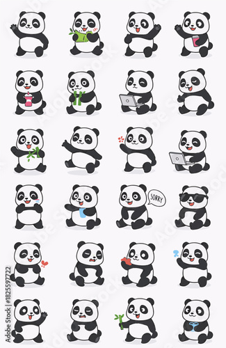Cute Panda Character Set with Various Poses and Emotions