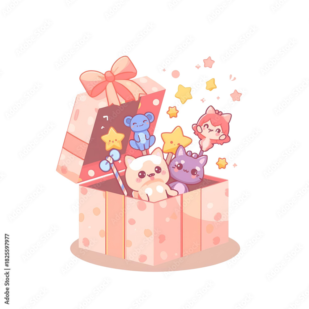 Fototapeta premium Whimsical Box of Friends Cute Animals with Magic Stars Illustration