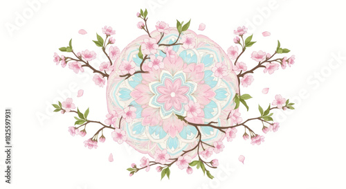 Delicate Cherry Blossom Branches Adorning a Softly Hued Circular Pattern.