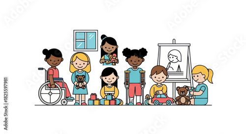 Diverse Group of Children Playing Together Including a Child in a Wheelchair.