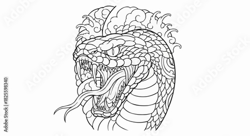 Detailed illustration of a fierce snake head with fangs and tongue.