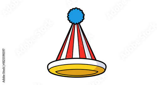 A festive cartoon party hat with red and white stripes a yellow brim and a blue pom-pom on top.
