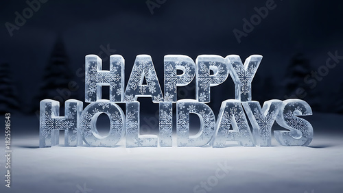 Happy Holidays text in ice with snowflakes on snow, winter background