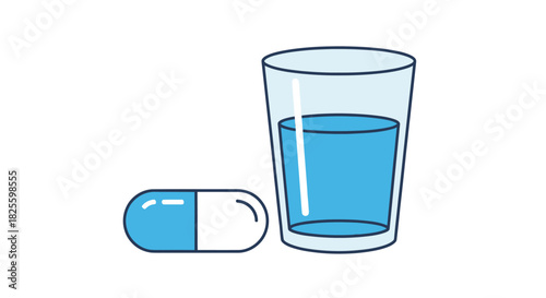 Blue and White Capsule Pill with a Glass of Water.