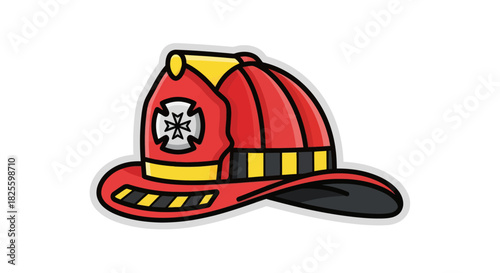 Cartoon Red Firefighter Helmet with Maltese Cross Emblem.