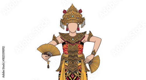 Balinese Dancer in Traditional Costume with Golden Headdress and Fans.