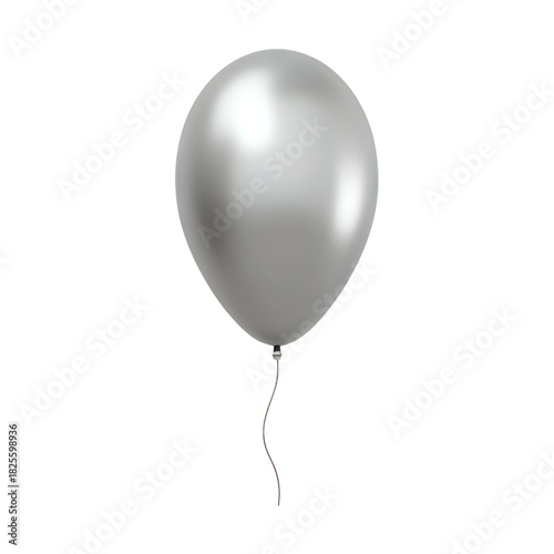 A single, shiny, metallic silver balloon isolated on a clean white background, featuring a thin, delicate string extending downwards, perfect for celebrations and decorations