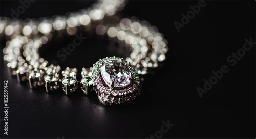 Elegant Diamond Necklace on Black Background, Luxurious Sparkling Jewelry with Brilliant Gems