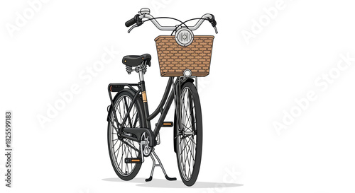 Classic Bicycle with Wicker Basket Black Frame and Upright Handlebars.
