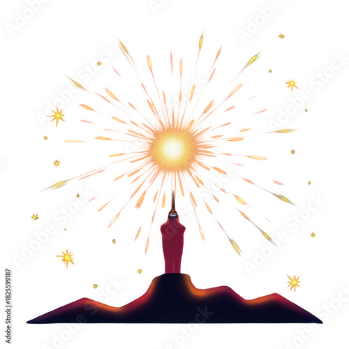 Dynamic illustration of a sleek rocket taking off from a stylized hill, igniting a brilliant burst of golden light and shimmering sparks, symbolizing ambitious starts and triumphant achievements