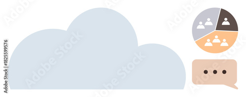 Cloud graphic, pie chart of user groups, and chat bubble. Ideal for teamwork, tech, data sharing, collaboration, communication social network and online platforms. Simple flat metaphor
