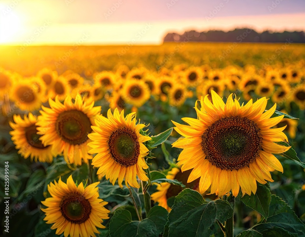 Fototapeta premium Sunlit Sunflower Field at Sunset