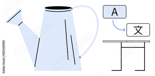 Oversized watering can paired with language symbols transitioning on a desk, representing learning, nurture, and growth. Ideal for education, communication, creativity, support, innovation language
