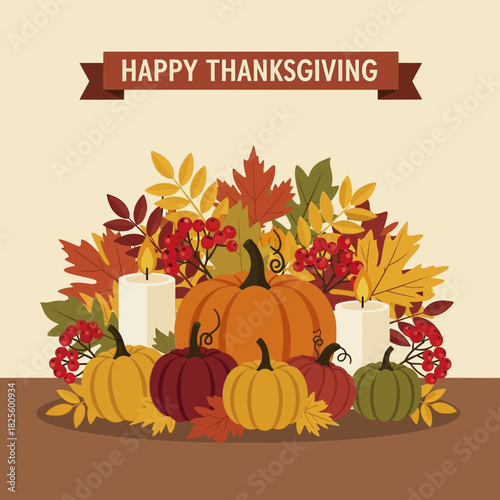 Thanksgiving celebration with pumpkins candles and autumn leaves festive arrangement.