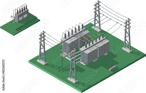 Isometric electrical substation illustration, high voltage transformers and power lines, energy distribution system layout, industrial infrastructure design for utility grid visualization