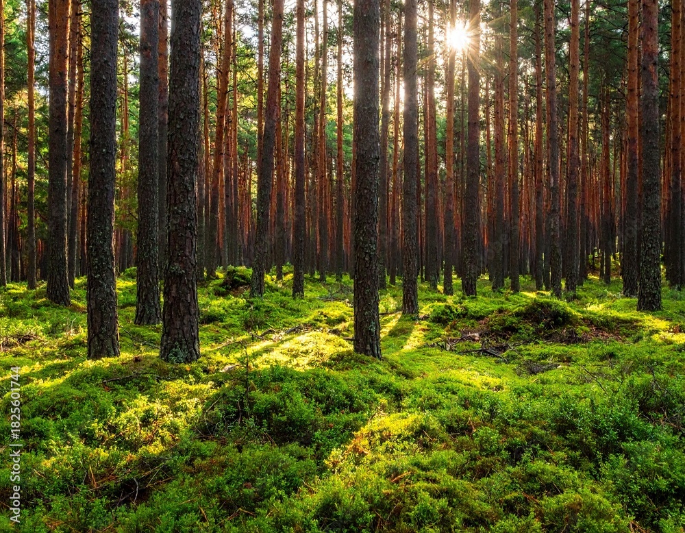 Obraz premium Sunlit Pine Forest with Lush Green Moss