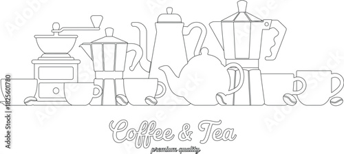 Outline Drawing Coffee Grinder, Moka Pots, Teapot, Cups, and Coffee Beans Coffee Tea Sign