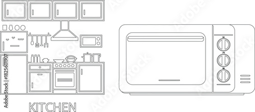 Outline Drawing of a Kitchen with Appliances Including a Refrigerator, Oven, and Toaster Oven
