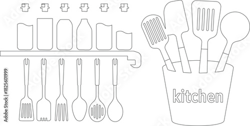 Outline Drawing of Kitchen Utensils Spatulas, Ladles, Forks, Spoons, Jars, and Container Labelled Kitchen